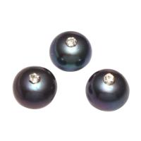Cultured Half Drilled Freshwater Pearl Beads, Potato, with rhinestone & half-drilled, black, 8.5-9mm, Hole:Approx 0.8mm, Approx 24PCs/Bag, Sold By Bag