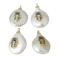 Stainless Steel Pendants, Brass, with pearl, gold color plated, micro pave cubic zirconia, nickel, lead & cadmium free, 12.5-14x18-20x6.5-9mm, Hole:Approx 1.5mm, 5PCs/Lot, Sold By Lot