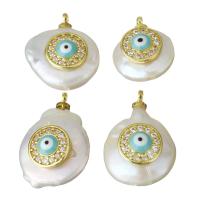 Brass Pendant, with pearl & enamel, gold color plated, evil eye pattern & micro pave cubic zirconia, nickel, lead & cadmium free, 12-15x15.5-20.5-8mm, Hole:Approx 1.5mm, 5PCs/Lot, Sold By Lot