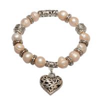 Bracelet en perles de culture d'eau douce, perle d'eau douce cultivée, avec laiton, coeur, Plaqué de couleur d'argent, pour femme & creux, rose, 9x10mm,9x22x9mm, Vendu par Environ 7.5 pouce brin