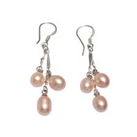 Freshwater Pearl Drop Earring, brass earring hook, Potato, silver color plated, for woman, pink, 6x8mm,34mm, Sold By Pair
