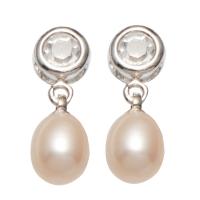 Freshwater Pearl Drop Earring brass post pin Potato silver color plated for woman & with rhinestone pink Sold By Pair