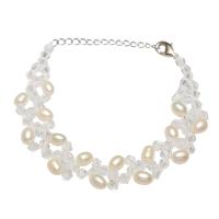 Bracelet en perles de culture d'eau douce, perle d'eau douce cultivée, avec cristal, laiton fermoir homard, avec 4.4cm chaînes de rallonge, Placage de couleur argentée, pour femme, blanc, 5x7mm, Vendu par Environ 6.7 pouce brin