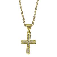 Stainless Steel Jewelry Necklace with brass bail with 2Inch extender chain Cross gold color plated oval chain & micro pave cubic zirconia 1.5mm Sold Per Approx 17.5 Inch Strand