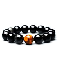 Obsidienne bracelet, avec oeil de tigre, Rond, poli, unisexe & normes différentes pour le choix, noire, Vendu par Environ 7.5 pouce brin