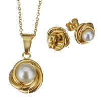 Fashion Stainless Steel Jewelry Sets, Stud Earring & necklace, with Plastic Pearl, with 2Inch extender chain, gold color plated, oval chain & for woman, 16x20mm,1.5mm,11.5x11mm, Length:Approx 17 Inch, Sold By Set