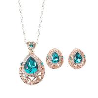 Tibetan Style Jewelry Sets, Stud Earring & necklace, with Quartz, Teardrop, rose gold color plated, oval chain & for woman & with rhinestone & hollow, nickel, lead & cadmium free, 35x40mm,30mm, Length:Approx 19.68 Inch, Sold By Set