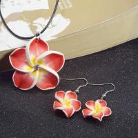 Polymer Clay Jewelry Set earring drop pendant & necklace with PU Leather Cord Flower Korean style & for woman red 20mm 40mm Length Approx 17.72 Inch Sold By Lot