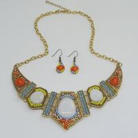 Tibetan Style Jewelry Set, earring drop pendant & necklace, with Resin, with 5cm extender chain, Geometrical Pattern, gold color plated, oval chain & for woman & with rhinestone, multi-colored, nickel, lead & cadmium free, Length:Approx 17.72 Inch, Sold By Set