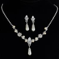 Brass Jewelry Set, earring drop pendant & necklace, with ABS Plastic Pearl, Teardrop, silver color plated, for woman & with rhinestone, nickel, lead & cadmium free, 11x38mm, Length:Approx 18.90 Inch, Sold By Set