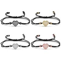 Cubic Zirconia Micro Pave Brass Bracelet, with Cotton Cord, Heart, Adjustable & Unisex & micro pave cubic zirconia, more colors for choice, 12mmx5mmx1mm, Sold By PC