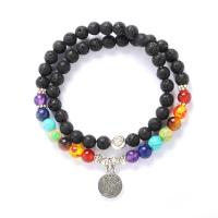 Natural Lava Beads & Mixed Gemstone Wrap Bracelets with Lucky Tree Charms plated multilayer & Unisex black 350mm Sold By Strand