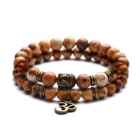 Gemstone Bracelets, Picture Jasper, with Black Agate, plated, Unisex, more colors for choice, 6-8mm, Sold Per 7.4 Inch Strand