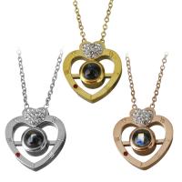 Stainless Steel Miniature Projection Necklace, with Rhinestone Clay Pave, with 2Inch extender chain, Heart, plated, oval chain & for woman, more colors for choice, 16x19mm,1.5mm, Sold Per Approx 16 Inch Strand