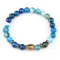Blue Agate Bracelet, with Tibetan Style, gold color plated, polished & for woman, blue, 8mm, Length:Approx 7 Inch, 10Strands/Lot, Sold By Lot