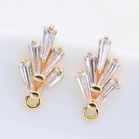 Brass Earring Stud Component, with Cubic Zirconia, gold color plated, with loop, nickel, lead & cadmium free, 14*7mm, 10PCs/Lot, Sold By Lot