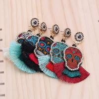 Resin Tassel Earring with Cotton Thread Skull handmade for woman & with rhinestone nickel lead & cadmium free 93mm Sold By Pair