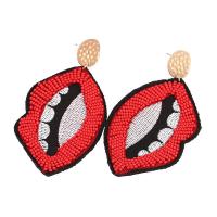Zinc Alloy Drop Earrings with Seedbead & Cloth Lip gold color plated fashion jewelry & for woman red nickel lead & cadmium free 96mm Sold By Pair