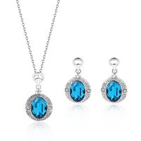 Tibetan Style Jewelry Sets, earring & necklace, with Crystal, with 5cm extender chain, silver color plated, oval chain & for woman & with rhinestone, blue, nickel, lead & cadmium free, 23x40mm,17x30mm, Length:Approx 17.72 Inch, Sold By Set