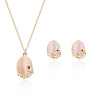 Zinc Alloy Jewelry Sets Stud Earring & necklace with Cats Eye with 5cm extender chain gold color plated bar chain & for woman & with rhinestone nickel lead & cadmium free  Length Approx 17.72 Inch Sold By Set