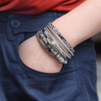 Zinc Alloy Bracelet with PU Leather & Gemstone plated multilayer & for woman nickel lead & cadmium free Sold By PC