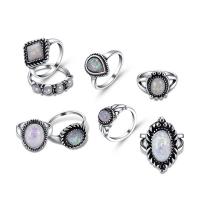 Cink Alloy Ring Set, Cink ötvözet, -val Opál, ezüst színű bevonattal, 8 darab & Vintage & a nő, nikkel, ólom és kadmium mentes, Méret:5.5-9.5, 8PC-k/Set, Által értékesített Set