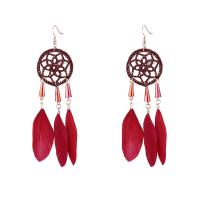Zinc Alloy Dream Catcher Earring with Feather & Nylon Cord real gold plated for woman nickel lead & cadmium free 120mm Sold By Pair