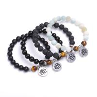 Natural Gemstone Black Lava & Amazonite Bracelets with Lotus Pattern Zinc Alloy Charms plated & Unisex .4 Inch 3/Lot Sold By Lot