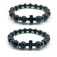 Gemstone Bracelets, Natural Stone, with Lava & Black Agate, plated, Unisex, more colors for choice, Length:7.4 Inch, 3/Lot, Sold By Lot