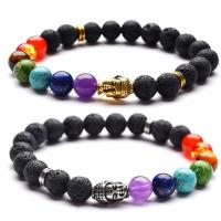 Natural Lava 7 Chakra Beads Healing Gemstone Yoga Bracelets with Buddha Charms Unisex plated .4 Inch Sold By Lot