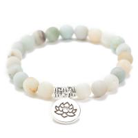 Natural Stone Amazonite Bracelet with Lotus Pattern Zinc Alloy Charms platinum color plated Unisex & anti-fatigue nickel lead & cadmium free 8mm Approx 7.49 Inch Sold By Lot