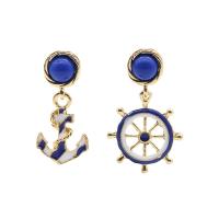 Tibetan Style Asymmetric Earrings, Anchor and Ship Wheel, gold color plated, for woman & enamel, blue, nickel, lead & cadmium free, 20x40mm,26x45mm, Sold By Pair
