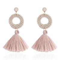 Zinc Alloy Tassel Earring with Cotton Thread & Rattan real gold plated for woman nickel lead & cadmium free 70*60mm Sold By Pair