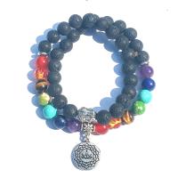 Wrap Bracelet Lava with Gemstone & Stainless Steel plated Double Layer & Unisex black 370mm Sold By Strand