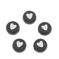 Akryl smycken pärlor, Flat Round, med hjärtmönster, vit och svart, 4x7mm, Hål:Ca 1mm, Ca 3700PC/Bag, Säljs av Bag