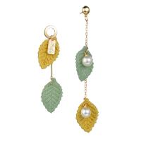 Zinc Alloy Asymmetric Earrings with ABS Plastic Pearl Leaf plated for woman nickel lead & cadmium free 70mm 100mm Sold By Pair