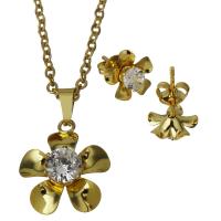 Fashion Stainless Steel Jewelry Sets Stud Earring & necklace Flower gold color plated oval chain & for woman & with cubic zirconia 2mm Length Approx 19.5 Inch Sold By Set