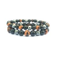 Natural Tiger Eye Bracelets, with Hematite & Black Agate, plated, Unisex & different size for choice, Sold Per 7.2 Inch Strand