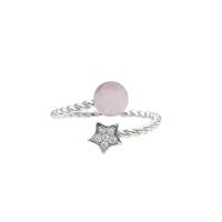 925 de prata esterlina Cuff Ring Finger, with quartzo rosa, Estrela, cromado de cor prateada, para mulher & com strass, 5mm, 1mm, tamanho:5.5-8, 2PCs/Lot, vendido por Lot