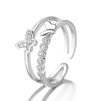 925 Sterling Silver Cuff Finger Ring, Double Layer & micro pave cubic zirconia & for woman, silver color, 6mm, US Ring Size:5, Sold By PC
