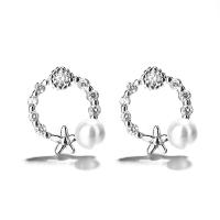 925 Sterling Silver Stud Earrings, with Plastic Pearl, micro pave cubic zirconia & for woman, silver color, 4mmuff0c10mm, Sold By Pair