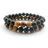 Black Agate Bracelets, with Tiger Eye, plated, Unisex & different styles for choice, black and brown, Sold Per 7.4 Inch Strand