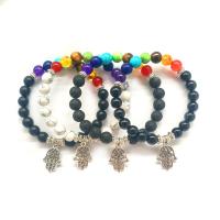 Natural Black Lava & 7 Chakra Beads Healing Gemstone Bracelets with Hand Zinc Alloy Charms plated & Unisex  Sold Per 7.2 Inch Strand