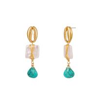 Zinc Alloy Drop Earrings with ABS Plastic Pearl & Turquoise gold color plated for woman green nickel lead & cadmium free Sold By Pair