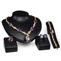 Tibetan Style Jewelry Sets, finger ring & bracelet & earring & necklace, gold color plated, 4 pieces & for woman & with rhinestone, purple, Length:Approx 19 Inch, Sold By Set