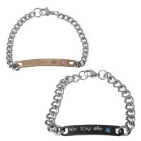 Stainless Steel Couple Bracelet, plated, Unisex & curb chain & with rhinestone, 50x5.5mm,5mm,48.5x7.5mm,8mm, Length:Approx 7 Inch, Approx 8 Inch, 2Strands/Set, Sold By Set