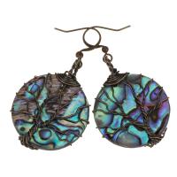 Shell Earrings Brass with Abalone Shell Flat Round antique copper color plated for woman nickel lead & cadmium free 49mm Sold By Pair