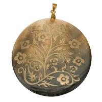 Natural Black Shell Pendants with Brass Flat Round gold color plated with flower pattern Approx 4mm Sold By PC