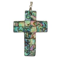 Brass Cross Pendants, with Abalone Shell, silver color plated, nickel, lead & cadmium free, 39x53x2.50mm, Hole:Approx 4mm, Sold By PC