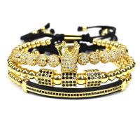 Cubic Zirconia Micro Pave Brass Bracelet with Cotton Cord Crown plated Unisex & micro pave cubic zirconia nickel lead & cadmium free Length Approx 7.5 Inch Sold By Set